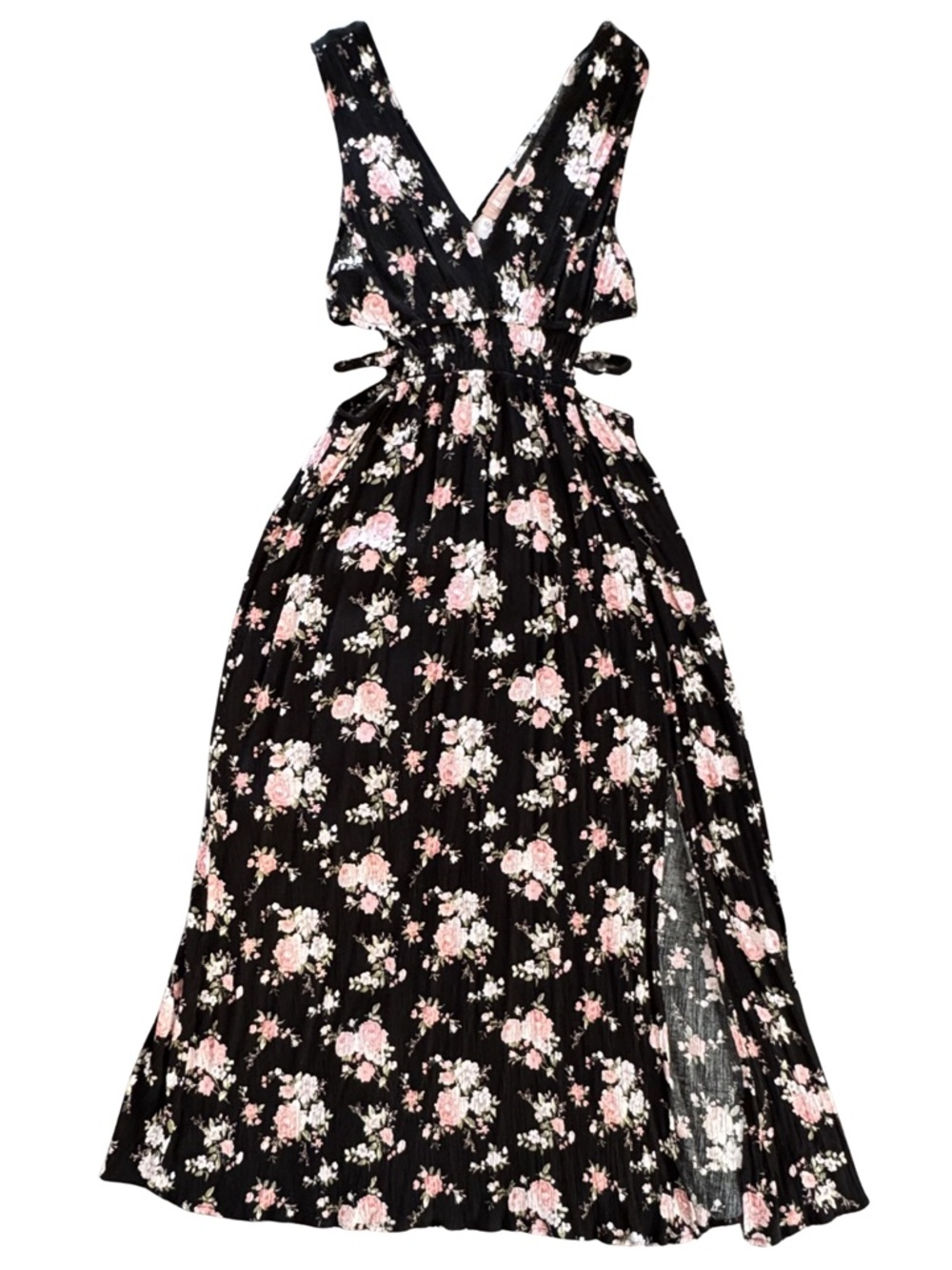 Faded Rose Black Floral Maxi Dress Size M Cutout Slit V-Neck